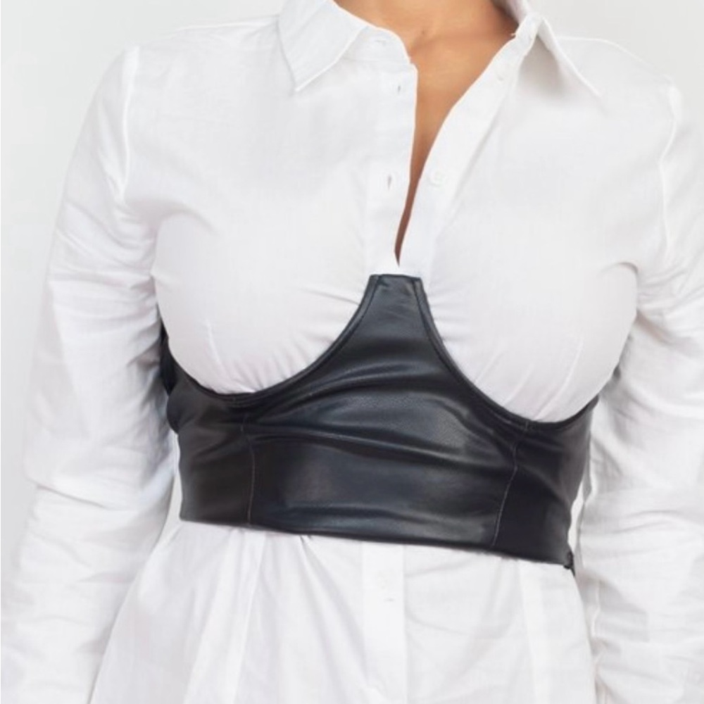 NWT Iris Basic Button-Down Blouse with Faux Leather Corset Waist